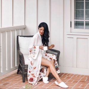 Long berry print silk kimono robe